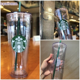 Starbucks แก้วน้ําพลาสติกใส พร้อมหลอดดูด สีเขียว 710 มล. 473 มล.