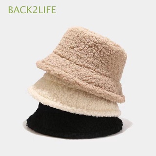 Back2life หมวกบักเก็ตลําลอง ผ้าขนแกะ กันแดด สีพื้น สามารถปรับได้ ให้ความอบอุ่น สไตล์เกาหลี สําหรับผู้หญิง