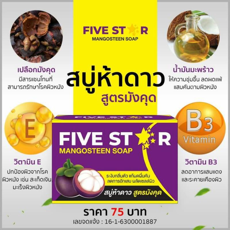 สบู่มังคุด5ดาว-five-star-รักษาโรคผิวหนัง-ผื่นแพ้-กลาก-เกลื้อน-แถมฟรีตาข่ายตีฟอง