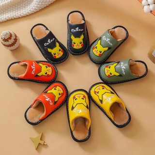 Pikachu รองเท้าแตะผ้าฝ้ายสำหรับเด็กสำหรับเด็กผู้ชายในฤดูใบไม้ร่วงและฤดูหนาว pu กันน้ำและอบอุ่นสำหรับเด็กผู้ชายในตร่มการ์
