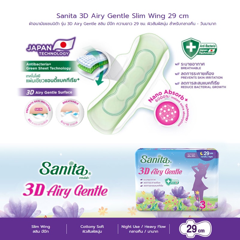 ภาพหน้าปกสินค้าSanita 3D Airy Gentle Antibacteria / แซนนิต้า 3D แอรี่ เจนเทิล แอนตี้แบคทีเรีย สลิม มีปีก 29ซม. 3ชิ้น/ห่อ จากร้าน sanita.shop บน Shopee