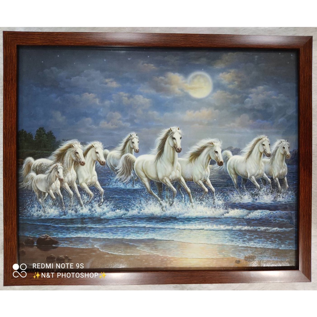 รูปภาพมงคล-ม้า8ตัว-ม้าสีหมอก-ม้าขาวพร้อมกรอบสีไม้โอ้ค-ขนาดรวมกรอบ17x22นิ้ว
