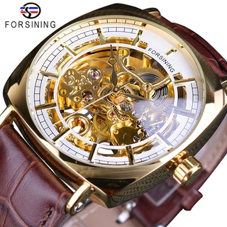 Forsining Golden Luxury Brown Leather Belt Mens Mechanical Skeleton Wrist Watch Top Brand Luxury Square Case Male Creati