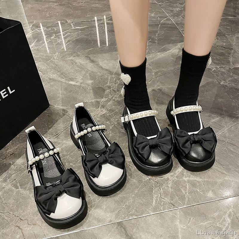 spot-hot-sale-รองเท้าแมรี่เจนฝรั่งเศสผู้หญิง-2022-ใหม่โบว์มุกกับกระโปรงรองเท้าหนังขนาดเล็ก