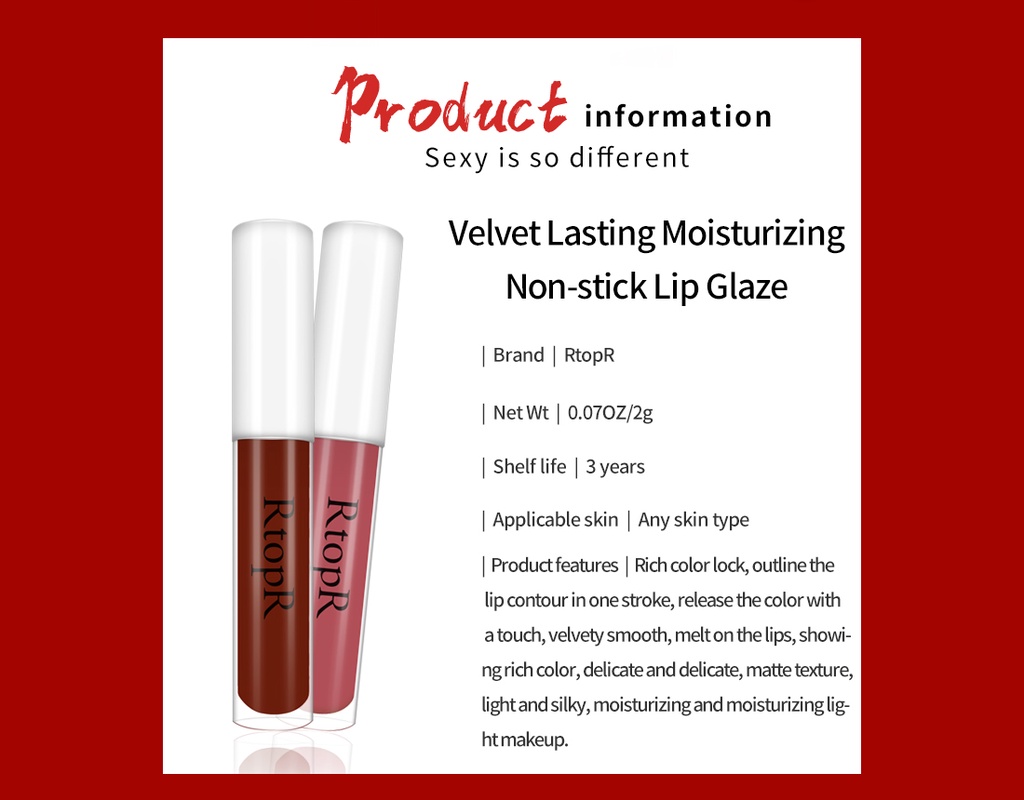 รูปภาพเพิ่มเติมเกี่ยวกับ RtopR FDA เครื่องสําอางลิปสติก ลิปกลอส ให้ความชุ่มชื้น กันน้ําติดทนนาน เครื่องสำอาง, ลิป, Velvet Lasting Moisturizing Non-stick Lip R01
