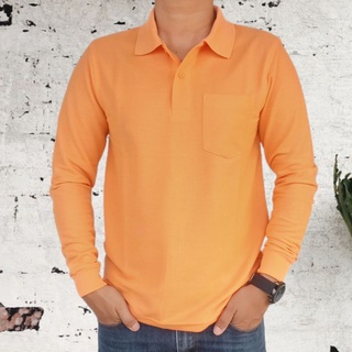 สินค้า เสื้อโปโลแขนยาวผู้ชาย สีส้มอ่อน มีกระเป๋าอกข้างซ้าย งานตัดเย็บคุณภาพเยี่ยม เกรดพรีเมี่ยม