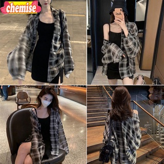 Chemisegrace✨พร้อมส่ง✨เสื้อคลุม เสื้อเชิ้ตแขนยาว ลายสก็อต เสื้อป้องกันแสงแดด สไตล์วินเทจ 5539