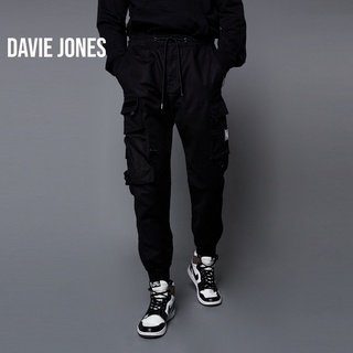 DAVIE JONES กางเกงจ็อกเกอร์ เอวยางยืด ขาจั๊ม สีดำ Drawstring Joggers in black GP0056BK