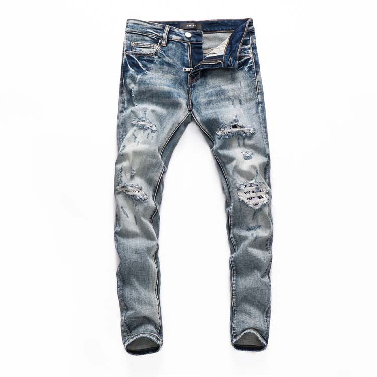 ราคาและรีวิว33 พร้อมส่ง AMIRI new light color pattern patch hole jeans stretch slim