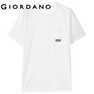 HH Giordano ผู้ชาย เสื้อยืดแขนสั้นคอกลมผ้าคอตตอนยืดแสงสว่างแบบปักกระเป๋า 13021056 คอกลมเสื้อยืด