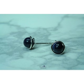 925 Sterling Silver Earrings ต่างหู เงินแท้ 925 เคลือบด้วยทองคำขาว Blue gold stone 6 mm ....