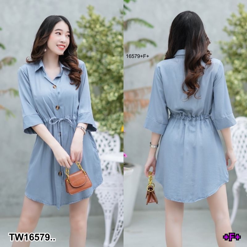 tw16579-mini-dress-ปกเชิ้ตแขน-5-ส่วน