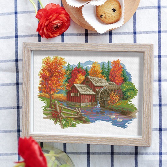 ชุดปักครอสติช-บ้านกังหัน-กังหันวิดน้ำ-วิว-ชนบท-mill-cross-stitch-kit