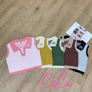 Cici ❣🇹🇭🚚พร้อมส่ง❣(NO.1861)เสื้อแขนกุดไหมพรมคอปก เว้าลึก ลายทางเฉียงสีทูโทน ดีไซส์ง่ายๆ แต่ใส่สบายมากค่า