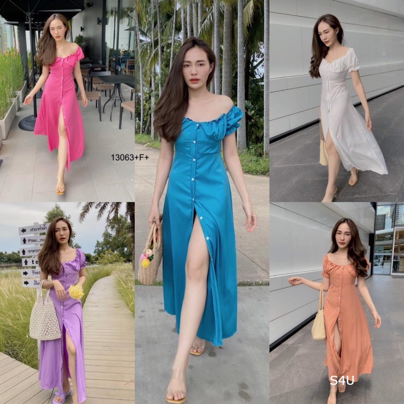 s4u-เดรสยาวกระดุมผ่าหน้า-พร้อมส่ง-เสื้อผ้าผู้หญิง-ชุดไปเที่ยว-maxi-dress-ชุดไปทะเล-ขาว-ส้ม-เขียว-ม่วง-บานเย็น