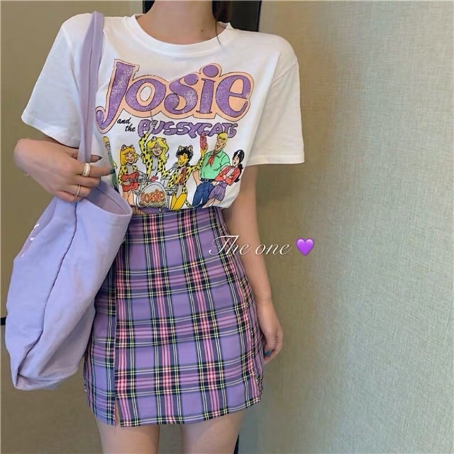 ชุดเซ็ทน่ารักๆ-เสื้อลายjosie-กระโปรงลายสก็อตงานซิปหลัง-ใครสาวกสีม่วงมาตำได้เลยจ้า