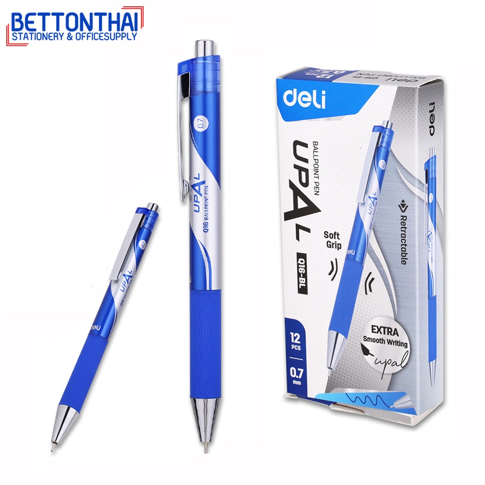 deli-q16-ballpoint-pen-ปากกากดลูกลื่น-ขนาดเส้น-0-7mm-ปลอกนิ่มจับสบายมือ-แพ็ค-12-แท่ง-ปากกากด-ปากกา-เครื่อ