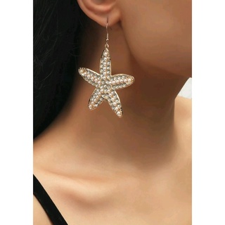 ต่างหูแฟชั่น ต่างหูมุกปลาดาว สวยๆ เก๋ๆ Rhinestone &amp; Faux Pearl Starfish Drop Earrings