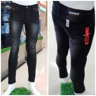 กางเกงยีนส์ทรงเดฟ ผ้ายืดสีดำฟอก ขาดเข่าซ้าย Winsman WS218