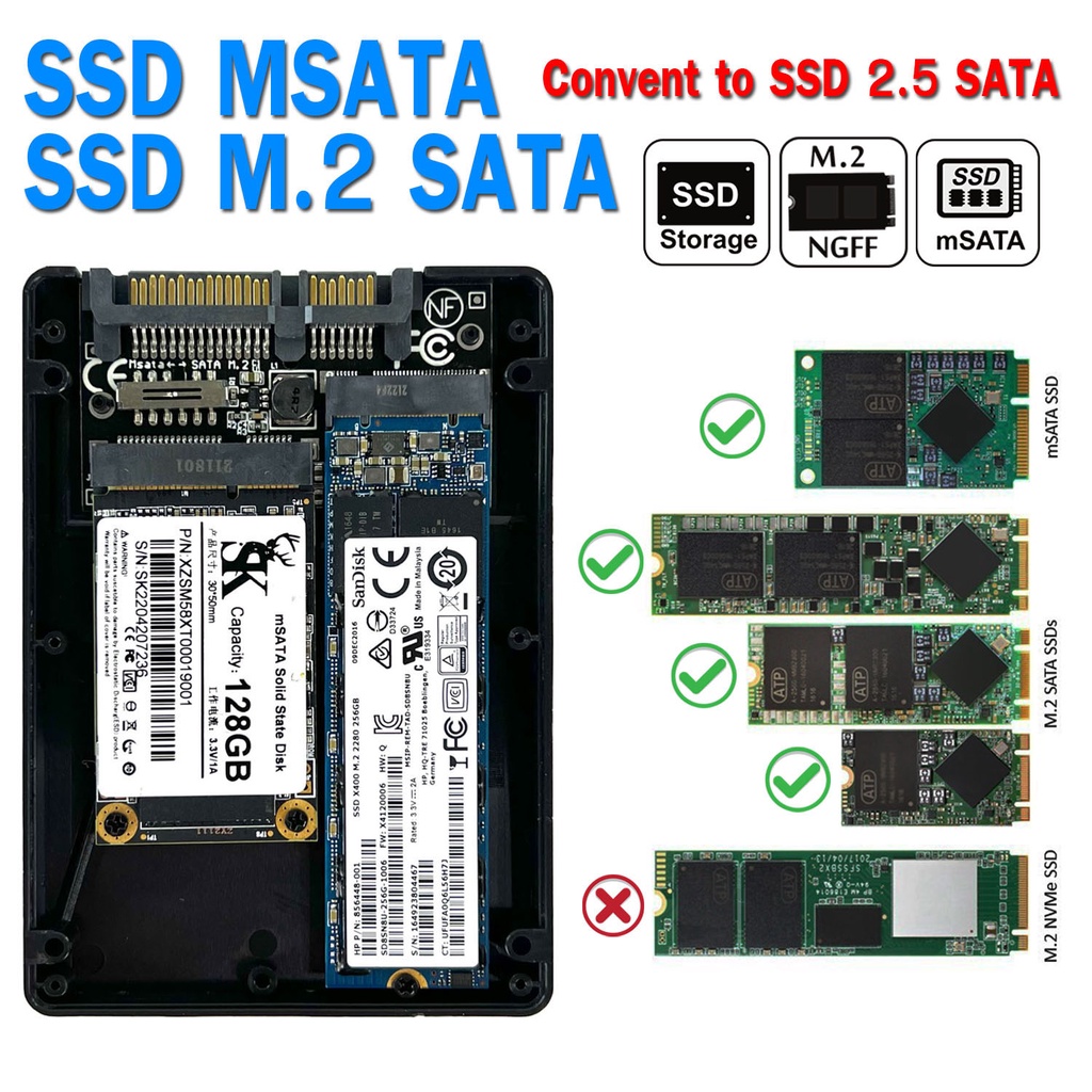 Adapter SSD M.2 NGFF M.2 SATA MSata SSD To SATA การ์ดสำหรับแปลง SSD M.2 NGFF M.2 SATA Msata SSD