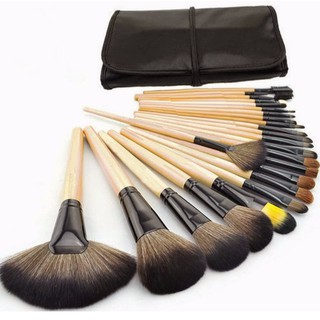 BOnline แปรงแต่งหน้า 24 ชิ้น ด้ามไม้สีดำ พร้อมซอง Brush Wooden Set with Bag Makeup Cosmetic Tool