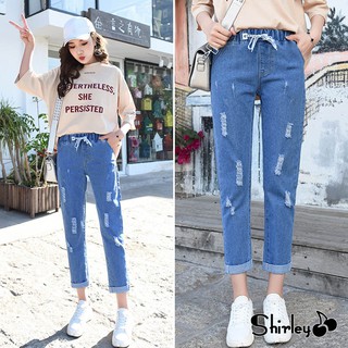 🍒Shirley🔥 Jeans K9N10# กางเกงยีนส์ขายาวทรงหลวมของผู้หญิงฤดูใบไม้ร่วงเอวสูงกางเกงขายาวกางเกงขายาวสีน้ำเงิน