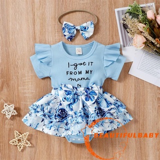 BღBღBaby Girls Romper Dress Set Letter Floral Print Ruffle Short Sleeve Jumpsuits and Bow Headband