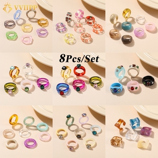 เช็ครีวิวสินค้าชุดแหวนเพชรเรซิ่น หลากสี สไตล์เกาหลี สําหรับผู้หญิง 8 ชิ้น