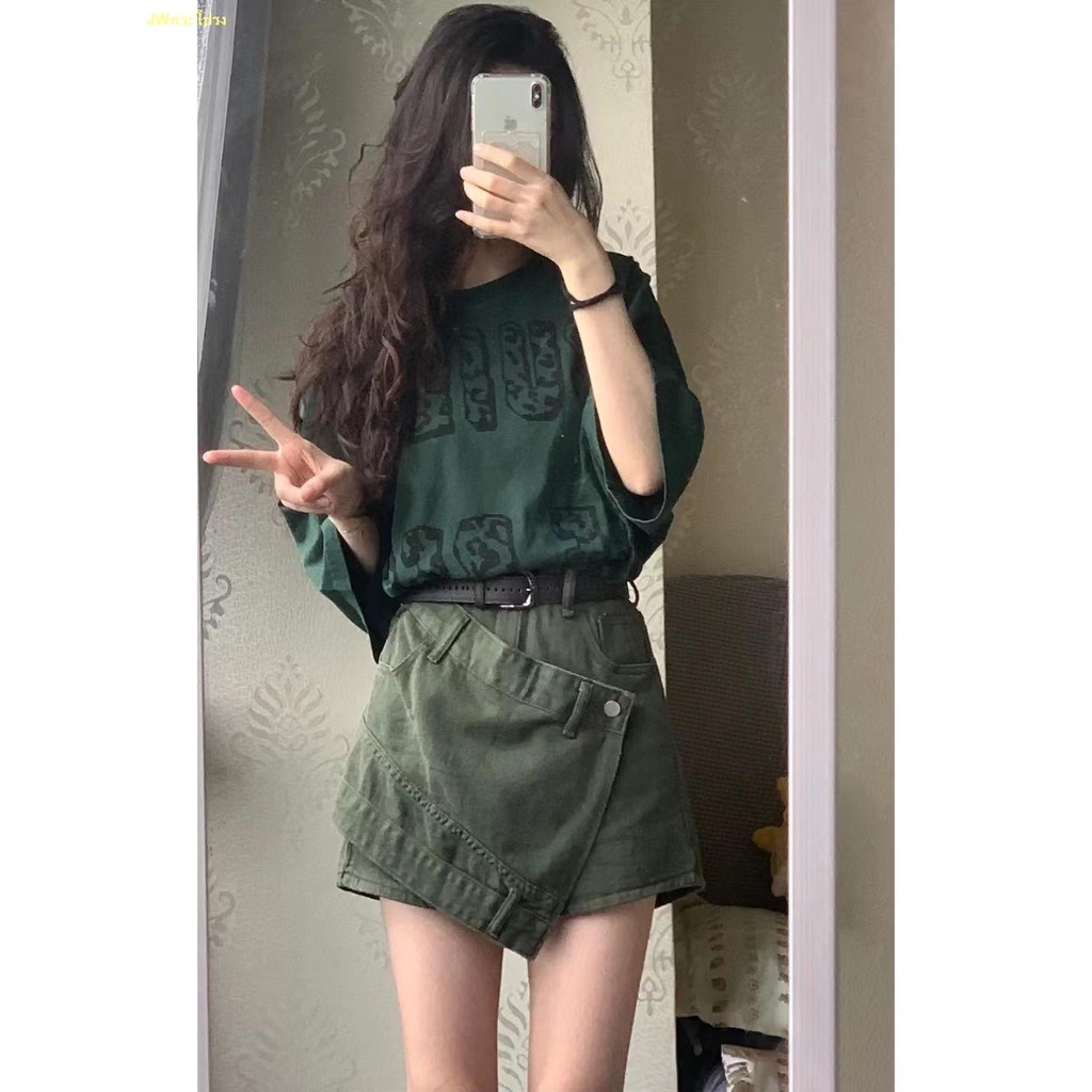 ขายร้อน-กางเกงขาสั้นผ้ายีนส์สีเขียวทหารผู้หญิงขากว้างเอวสูงกางเกงทรงเอร้อน