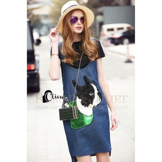 Puppy Crystal Denim Strap Dress + Black Shirt Set