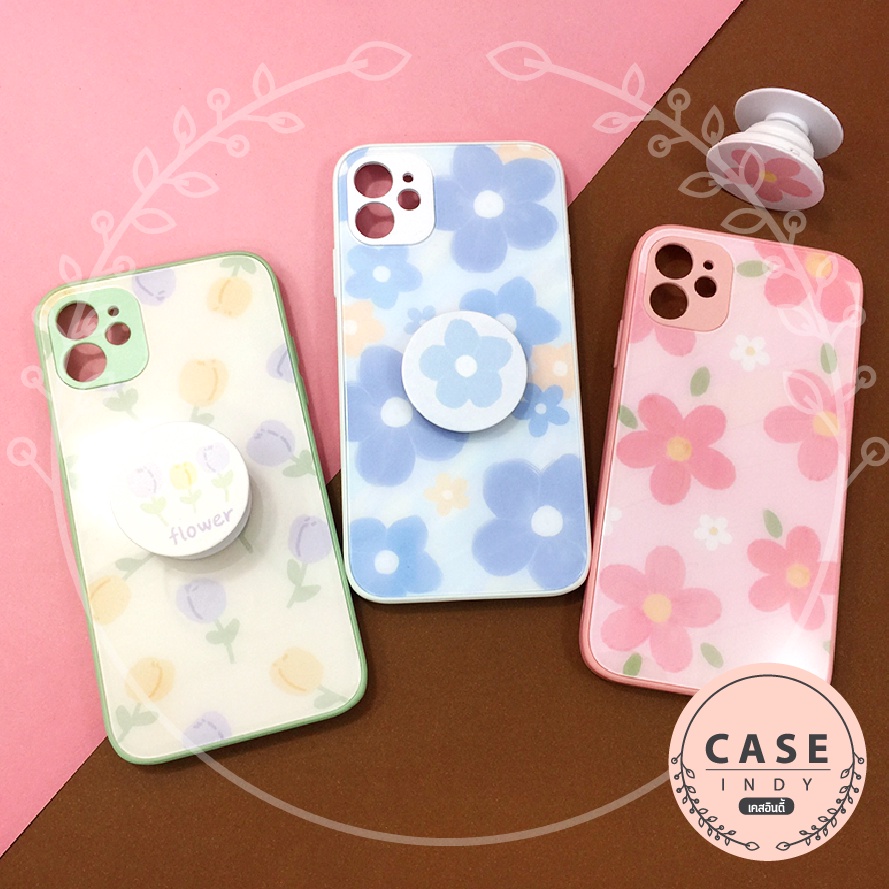 เคส-samsung-a22-เคสมือถือกระจกพิมพ์ลายหน้าเงา-กันเลนส์กล้อง-เคสดอกไม้-ฟรี-griptok