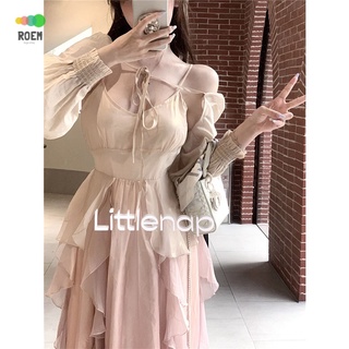 NINI · [Autumn New Product] sweet and gentle suspender dress summer sleeveless V-neck waist-cut Pengpeng skirt long wooden ear edge A- line skirt for women