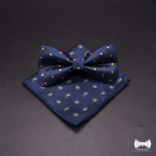 เซ็ทหูกระต่ายสีน้ำเงินลายจุด + ผ้าเช็ดหน้าสูท - Blue Bowtie + Pocket square