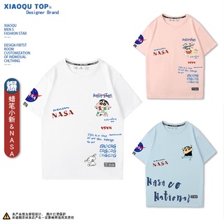 เสื้อยืดโอเวอร์ไซส์เครยอนชินจังร่วม NASA นักบินอวกาศเสื้อยืดคอกลมหลวมนักเรียนชายและหญิงคู่ฤดูร้อนผ้าฝ้ายแขนสั้นS-4XL