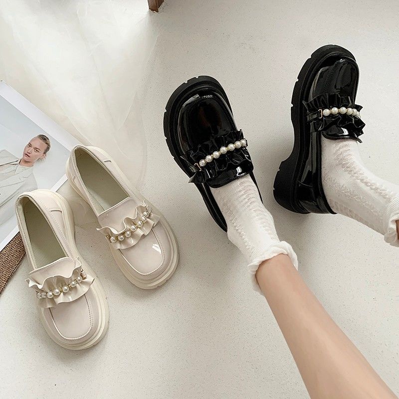 พร้อมส่ง-ญี่ปุ่น-jk-สีขาวมุกแมรี่เจนรองเท้าขนาดเล็กหญิงส่วนบางย้อนยุคหนาด้านล่าง