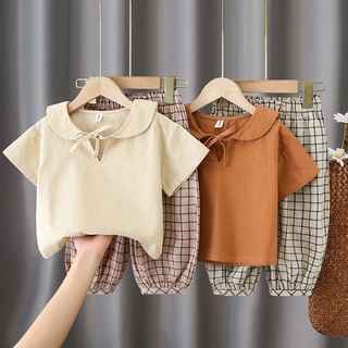 ชุดเสื้อแขนสั้น ผ้าฝ้าย และผ้าลินิน สองชิ้น แฟชั่นฤดูร้อน สําหรับเด็กผู้หญิง 2022