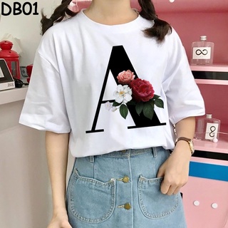 เสื้อยืดแขนสั้นลําลอง พิมพ์ลายตัวอักษร A ถึง Z 26 ตัวอักษร และดอกไม้ สไตล์เกาหลี สําหรับผู้หญิง