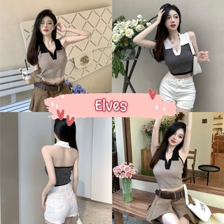 Elves✨พร้อมส่ง✨ เสื้อครอปคล้องคอไหมพรม คอปก ดีเทลลายทางน่ารักมาก ~0236~ -C