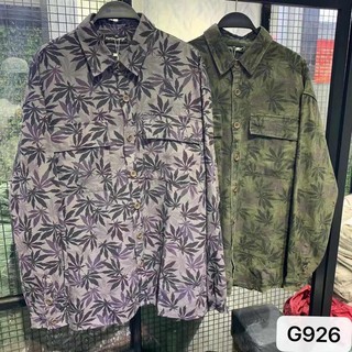 G926 เสื้อเชิ๊ตผ้ายีนส์ พิมพ์ลายใบไม้ สีเขียว สวยมาก
