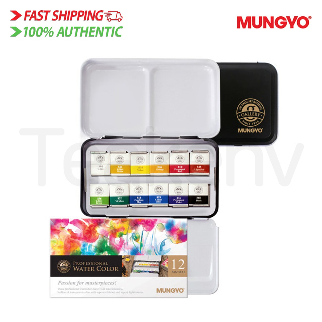 MUNGYO Professional Half Pan Size Watercolor Set of 12 Colors MWPH-12