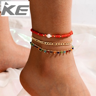 Footwear Colorful Beaded Pearl Three Anklet Metal Chain MultiAnklet for girls for women low p