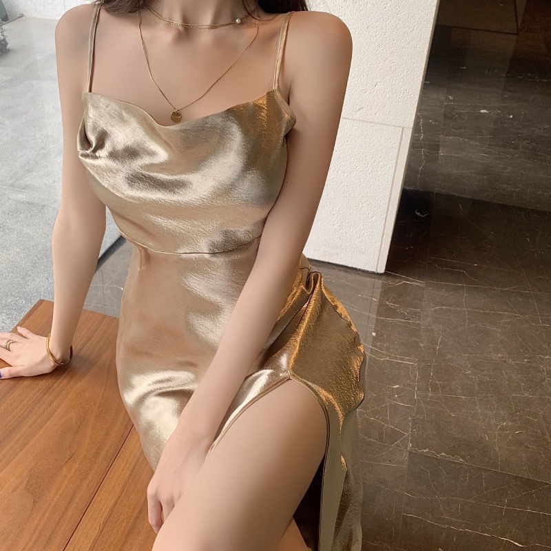 hot-sale-sling-dress-women-2022-new-satin-sexy-temperament-waist-mid-length-splitชุดราตรีกระโปรง