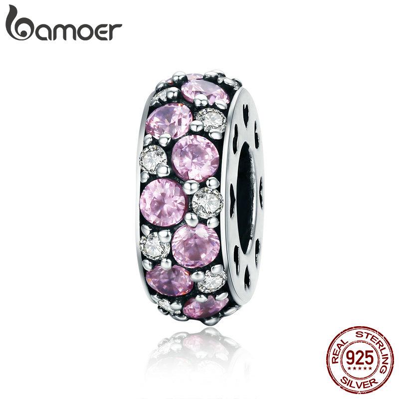 BAMOER Spacer Charm Beads fit Women Bracelet Bangles DIY Authentic 925 Sterling Silver Pink CZ SCC635