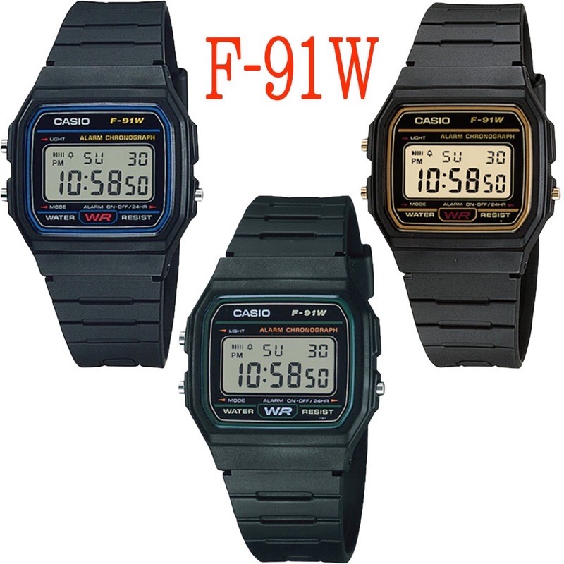 casio-นาฬิกาดิจิตอล-นาฬิกาข้อมือผู้หญิง-สายสายเรซิน-รุ่น-f-91w-3สี-สีนำ้เงิน-สีเขียว-สีทอง-ของแท้-100