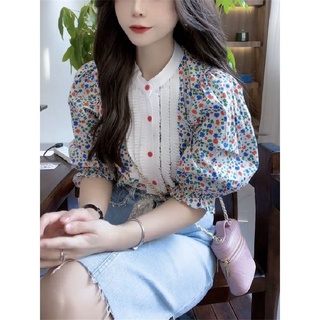 ▥ ❍ 🍒 S-3XL เสื้อเชิ้ตลายดอกไม้ฝรั่งเศสผู้หญิงหวานและน่ารักขนาดเล็กสดสบาย ๆ ออกแบบเฉพาะแขนพัฟเสื้อเชิ้ตหลวมและบาง