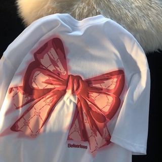 2022 summer new Korean version loose short-sleeved T-shirt female student tide brand niche bow foam printing top