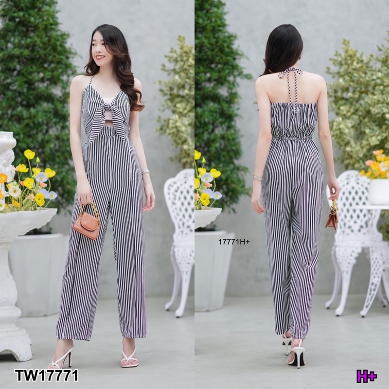 pe17771-jumpsuit-จั้มสูทผูกอกผ้าลายริ้ว