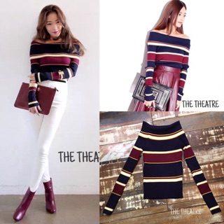 Korea Stripe Knit Open Shoulder Top