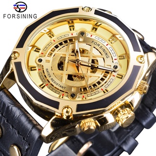 Forsining Half Skeleton Golden 2019 New Design Unique Dial Black Military Genuine Leather Mens Automatic Watch Top Brand