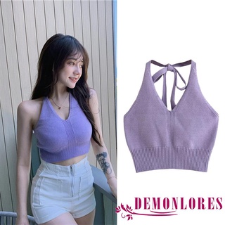 Demonlorest- เสื้อครอปแขนกุด คอวี ผ้าถัก สีพื้น สําหรับผู้หญิง